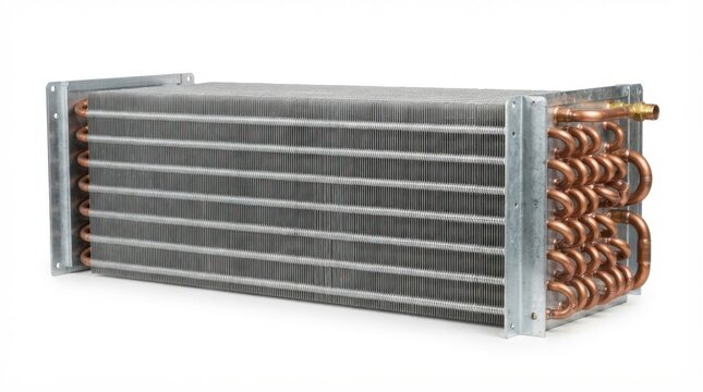 Industrial heat exchanger core with copper tubes and aluminum fins isolated on white background for hvac systems
