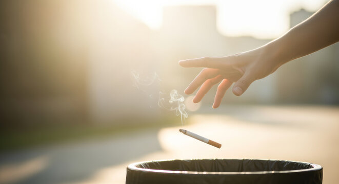 Hand dropping lit cigarette into outdoor trash bin with sunlight for anti smoking poster and public health campaign background