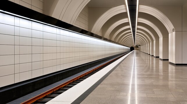 Minimalist empty metro station platform with repeating arches and tiled wall for architectural background and design poster banner template