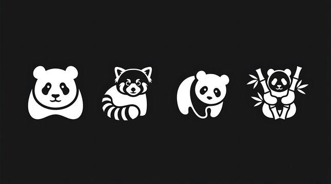 Minimalist panda and raccoon wildlife logo icons.