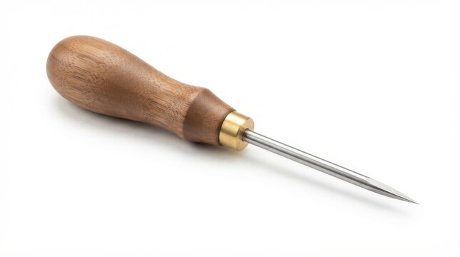 Professional leatherworking scratch awl with tapered steel tip and ergonomic dark walnut hardwood handle isolated