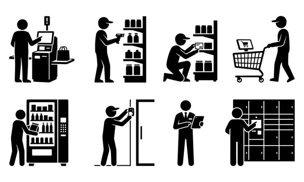Automated retail technology using self checkout kiosks and smart shopping cart systems set