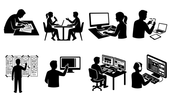 Black silhouette icons of designers and developers working on creative digital projects
