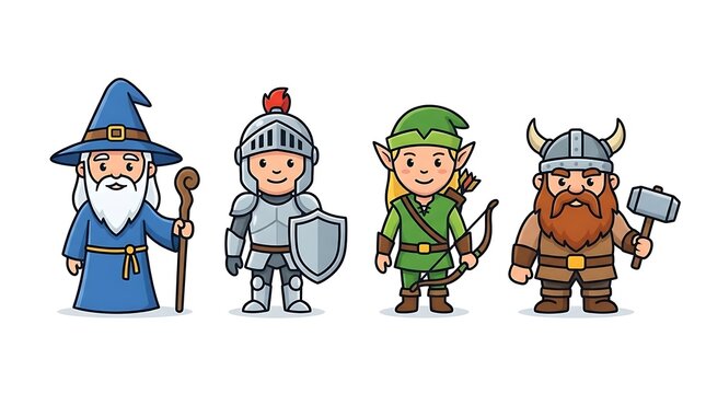 RPG fantasy hero class characters cartoon set.