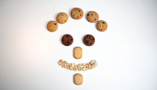 Cookies arranged in a human face shape on white background.