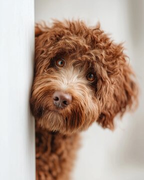 Portrait of adorable Labradoodle puppy peeking around corner, curious dog looking at camera