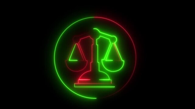 neon justice balance scale line icon animation isolated on a black background. law animation transition masks animation. 4k video...