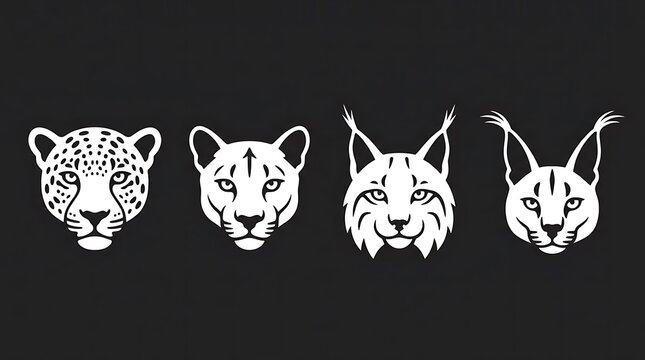 Wild cat head line art icons on black