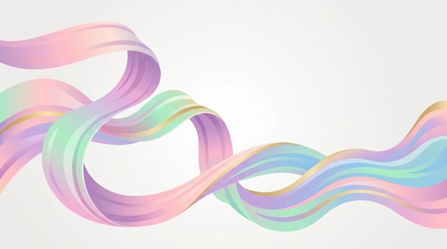 A vector illustration of smooth, flowing silk ribbons in pastel gradient colors&mdash;pink, purple, mint green, and blue&mdash;intertwining and curving across a light background.