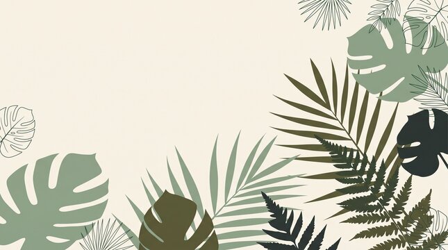 A botanical vector illustration featuring an arrangement of tropical leaves, monstera fronds, and ferns in various shades of green on a soft beige background.