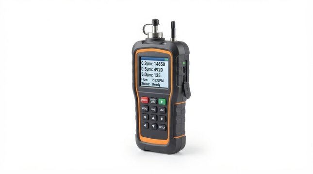 Industrial handheld particle counter for air quality testing and particulate matter monitoring isolated on white