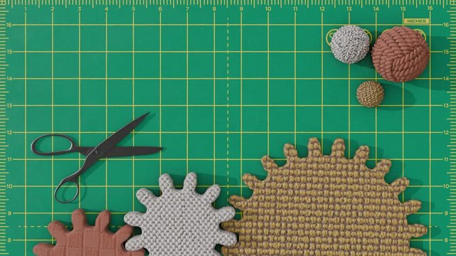 Crafting with yarn balls and scissors on a cutting mat