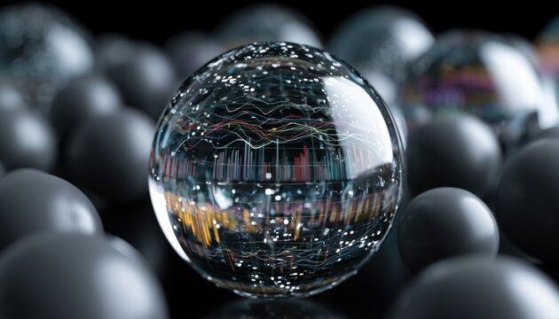 Glass sphere with colorful data visualization reflecting light above dark matte spheres