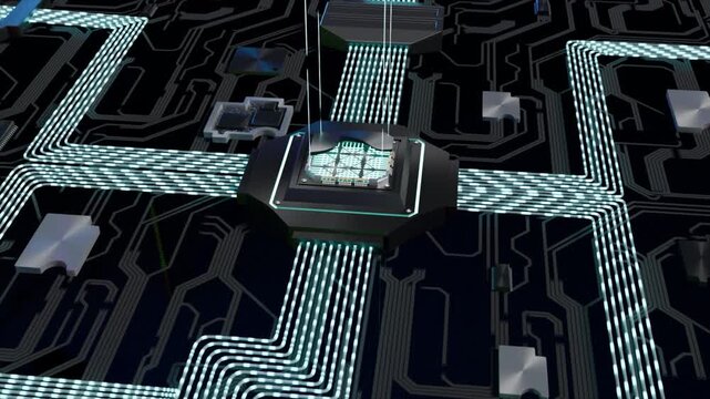 Close-up of a futuristic CPU processor socket featuring a grid of gold contacts, illuminated circuit pathways, and a dark high-tech motherboard design representing advanced computing and semiconductor