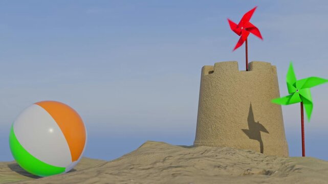 Summer beach fun with sandcastles, pinwheels, and beach balls