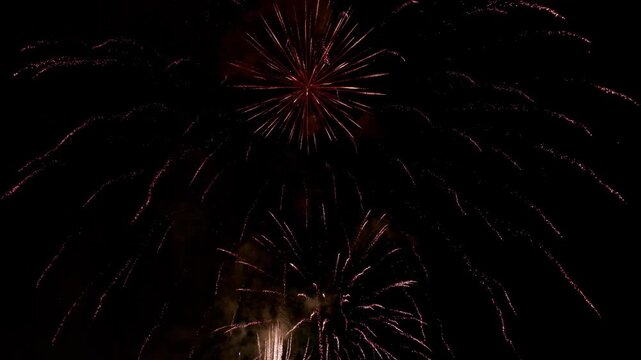 Spectacular red fireworks exploding in night sky