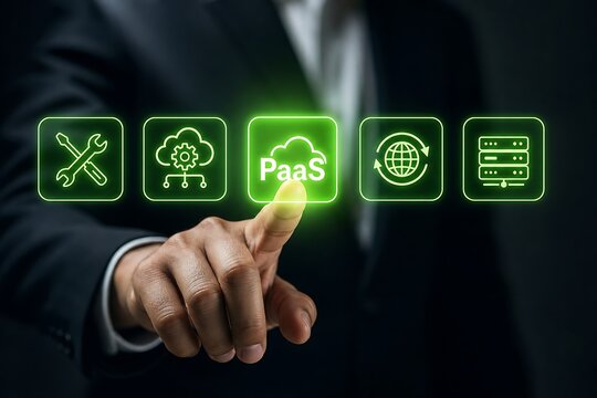 Hand selecting paas icon from glowing green technology concept interface