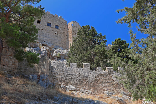 Acropolis of Lindos with the Temple of Athena Lindia, preserved monuments of Greek history, Rhodes island.