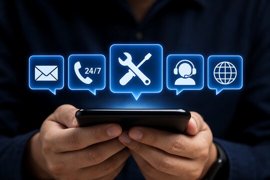Hands holding smartphone with floating app icons for communication and tools