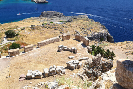 Acropolis of Lindos with the Temple of Athena Lindia, preserved monuments of Greek history, Rhodes island.