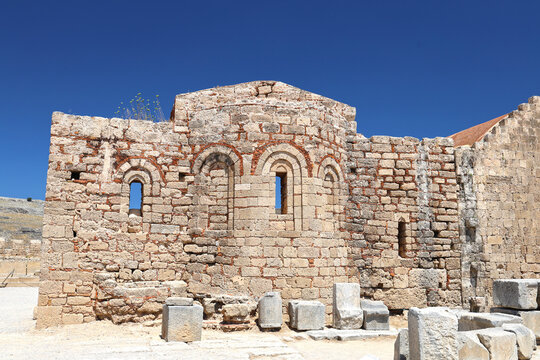 Acropolis of Lindos with the Temple of Athena Lindia, preserved monuments of Greek history, Rhodes island.