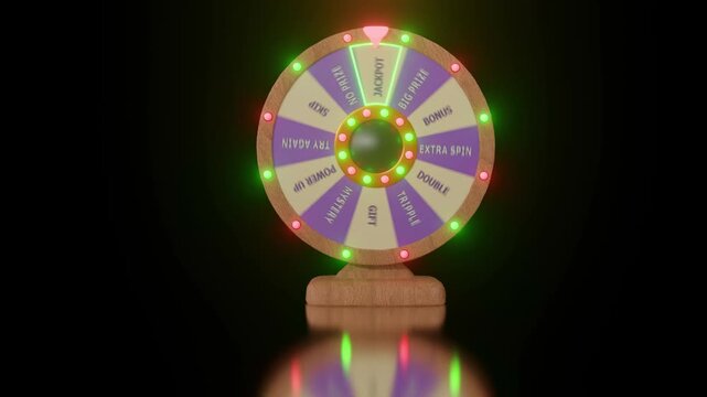 Spinning prize wheel with glowing lights and various rewards