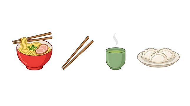 Japanese ramen, tea, and dumplings food icon set.