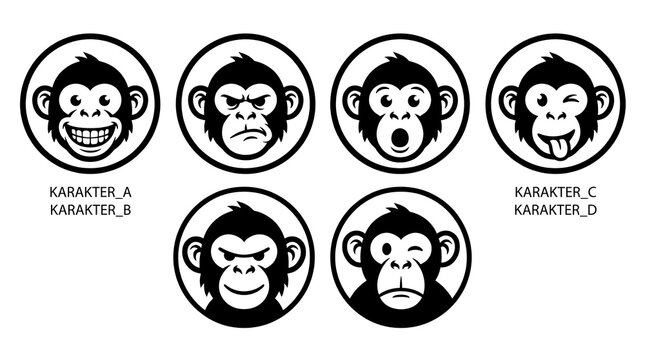 Monkey face icons with various expressions on white.