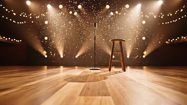 Wooden 3D stage organic podium with lights and glitter concept. Empty stage with wooden stool and microphone surrounded by warm glowing lights and festive glitter
