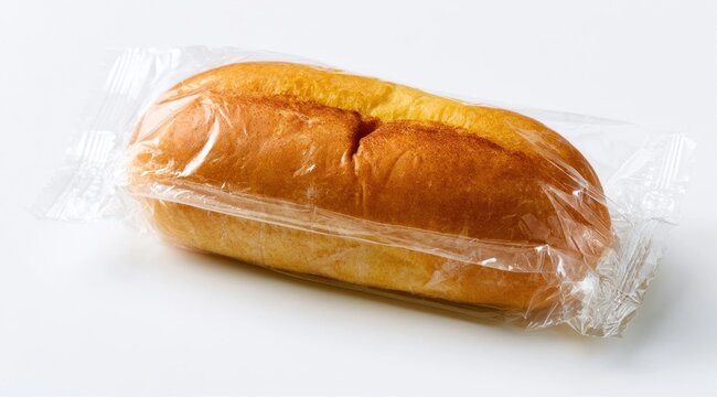 Golden brown hot dog bun sealed in clear plastic wrap on a white surface