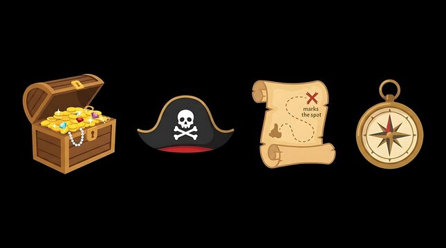 Pirate adventure icon set with treasure and map.