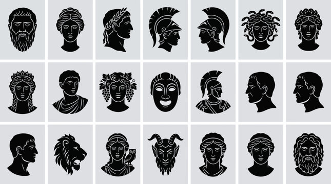Set of ancient Greek and Roman mythological portraits and profile silhouettes icons in black on gray background
