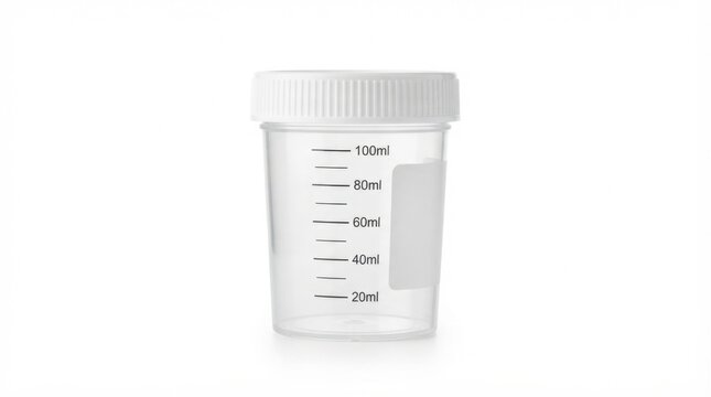 Empty sterile plastic medical specimen container with white lid isolated on white background for laboratory testing