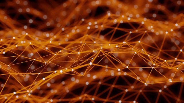 Abstract network of glowing orange lines and white dots in motion
