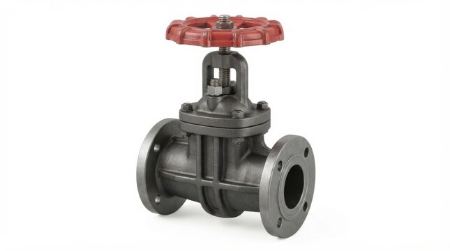 Industrial cast iron gate valve with vibrant red handwheel for fluid control systems isolated on white background