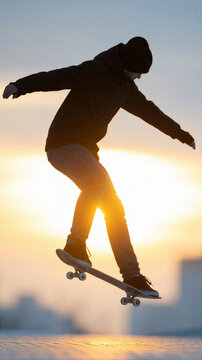 Skateboarder performing trick at sunset with warm light and urban background
