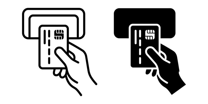 Hand inserting credit card into atm machine slot for banking transaction outline silhouette icon set vector