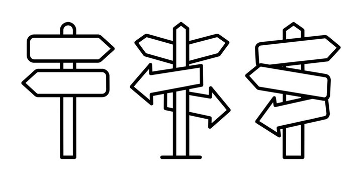 Direction wooden signposts with pointing arrows showing different ways travel guidance choice outline icon set