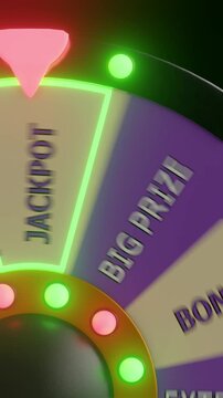 Spinning prize wheel with jackpot and bonus sections illuminated