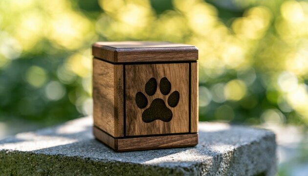 Handcrafted wooden pet urn with a burned paw print design