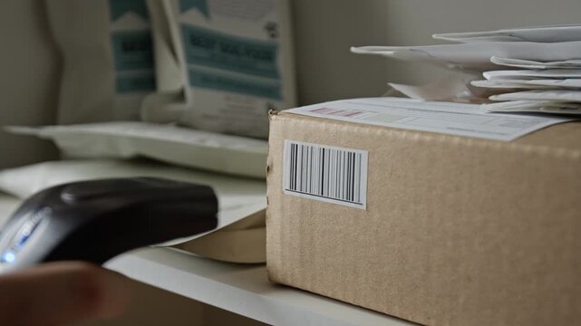 Worker scanning barcode on cardboard box package using handheld laser scanner, extreme close up. Footage is perfect for logistics, e-commerce shipping, and inventory management videos