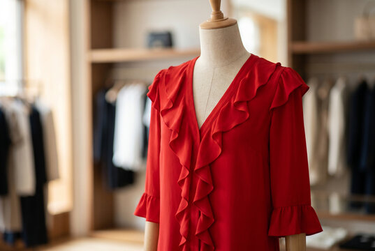 Red ruffle blouse on dress form in boutique for fashion display and apparel storefront banner or product listing