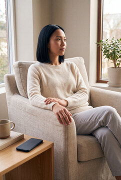 Woman relaxing in an armchair at home with neutral decor for cozy lifestyle and interior design background