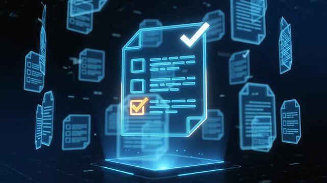 3D render of glowing digital documents with checkmarks. Corporate concepts of electronic contracts and task completion. Concepts for business administration. 3D render.
