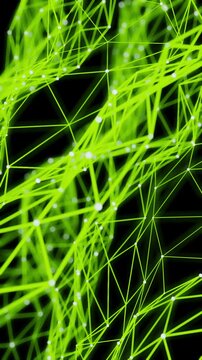Abstract neon green network of lines and nodes on black background
