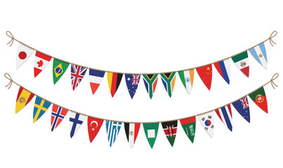 Obraz premium World Flags Bunting Banners Garland Vector Illustration with International Country Triangle Hanging Flags and Twine Knots for Global Celebrations