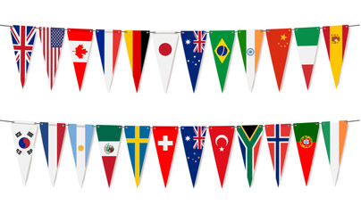 Obraz premium World Flags Bunting Banners Garland Vector Illustration with International Country Triangle Hanging Flags for Global Celebrations and Sports Events