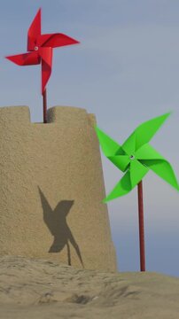 Beach Sandcastle with Spinning Pinwheels on a Sunny Day