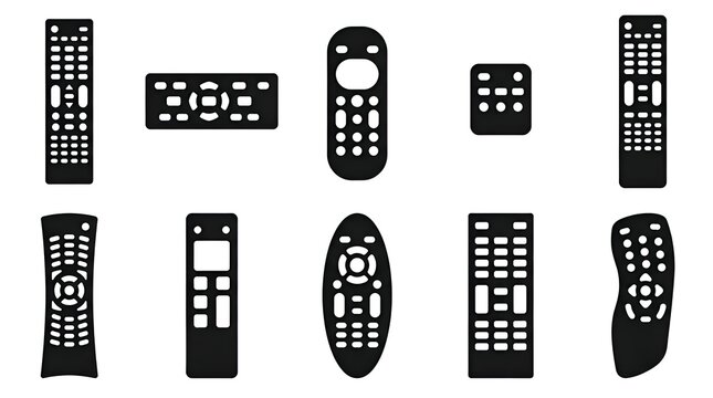 Remote control types silhouette vector icon set including TV remote, Smart TV remote, air conditioner remote, media player controller, Universal remote and mini remote control

