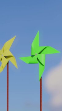 Colorful pinwheels spinning gently against a bright blue sky